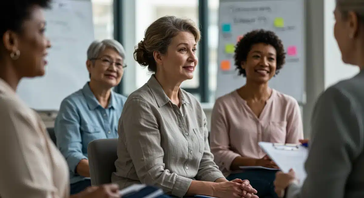 Caregivers in a support group discussing federal benefits and resources