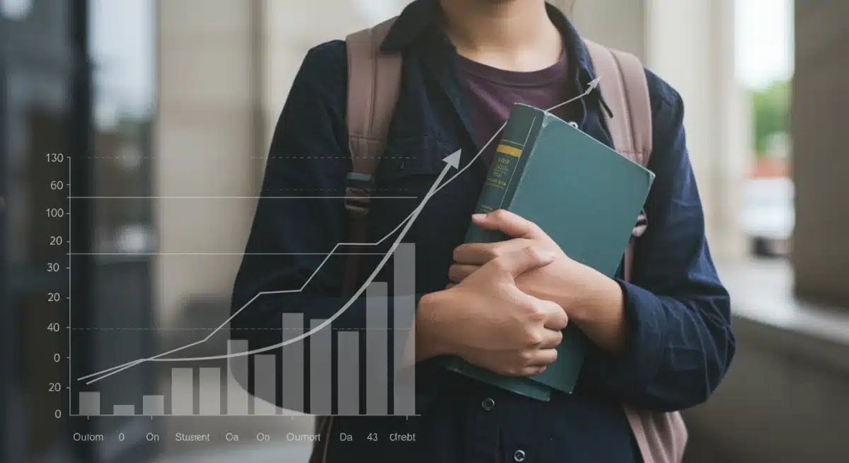 Financial graph depicting rising interest rates impacting a student with a textbook.