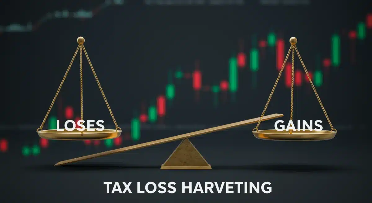 Tax loss harvesting concept with balance scale offsetting investment losses against capital gains.