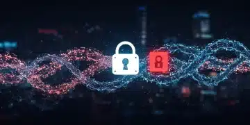 Illustration of a cyberattack surge with breached data and a red alert padlock