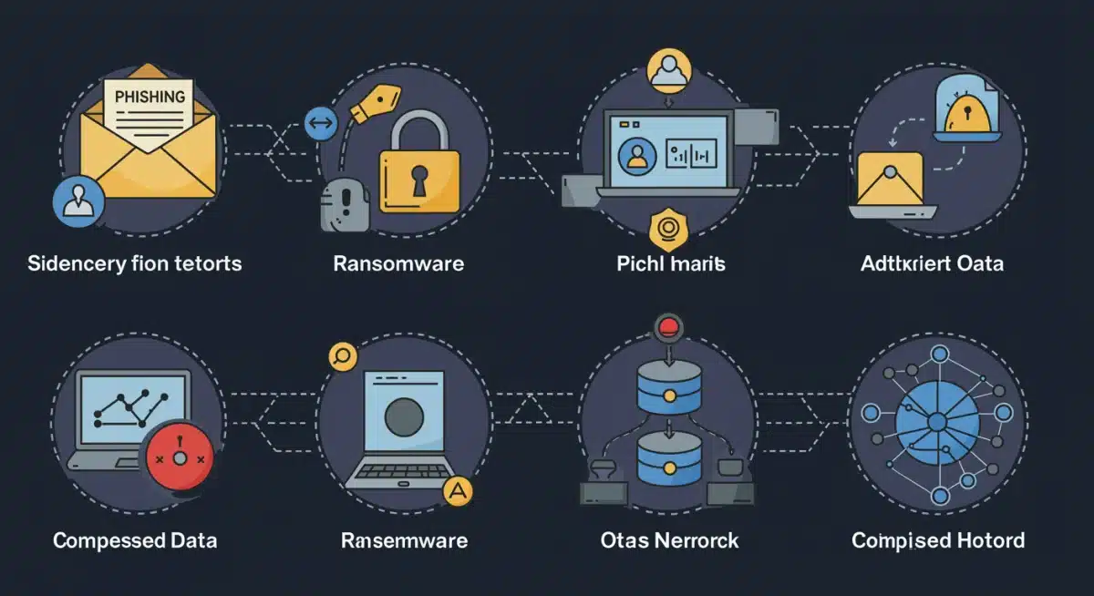 Infographic showing various cyberattack vectors like phishing, ransomware, and malware