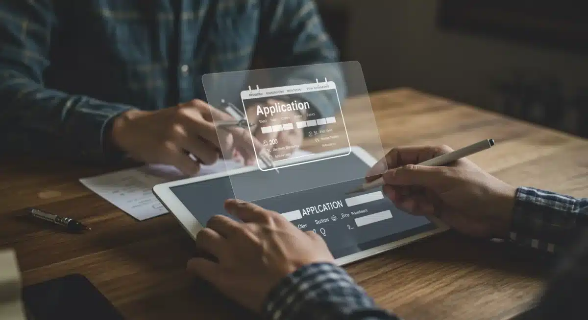 Hands filling out an online application for unemployment benefits, focusing on accuracy.