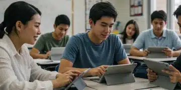 Diverse group of high school students collaborating on a technology-driven project