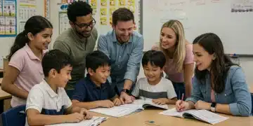 Parents and children engaging with a teacher in a modern classroom, discussing new K-12 curriculum standards.