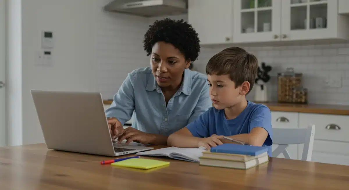 Parent and child reviewing new K-12 curriculum materials at home, fostering educational support.