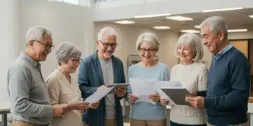 Senior citizens discussing new congressional retiree bill documents