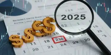 Calendar year 2025 with magnifying glass on dollar signs, representing Social Security payout analysis.