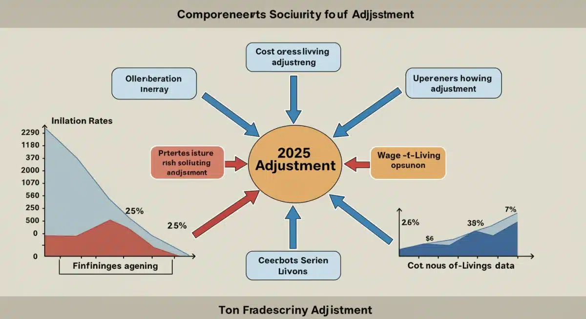 Infographic showing factors influencing 2025 Social Security adjustments, including inflation and wage growth.