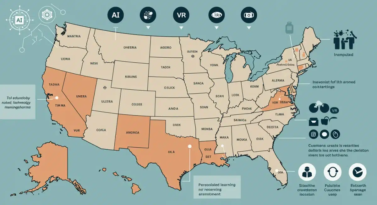 Infographic showing state-by-state education technology adoption levels across the US.
