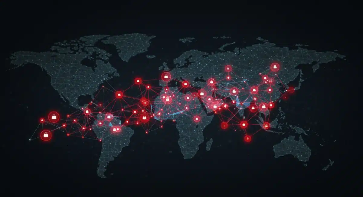 Complex digital network illustrating data flow and cybersecurity vulnerabilities