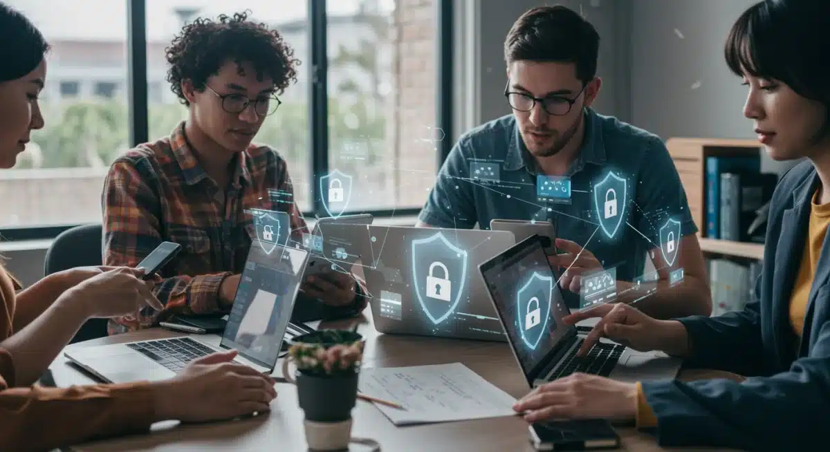 Consumers using digital devices with security shields, symbolizing data protection under new privacy legislation in 2026