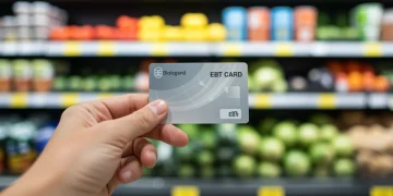 EBT card held in hand with grocery store background