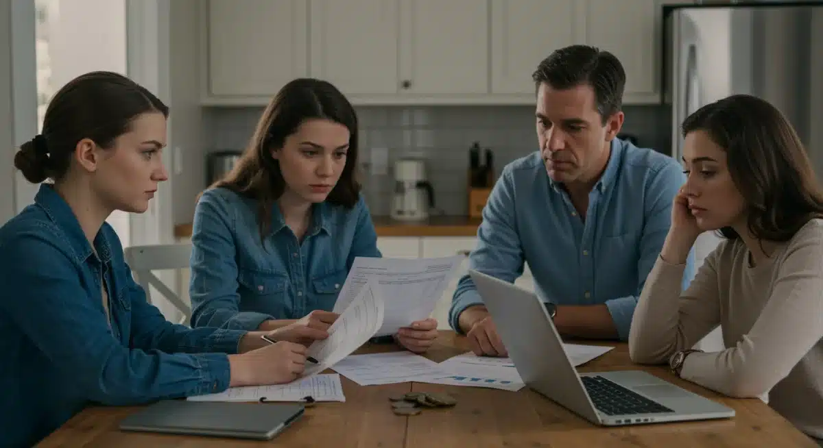 American family reviewing financial documents at home due to rising inflation.