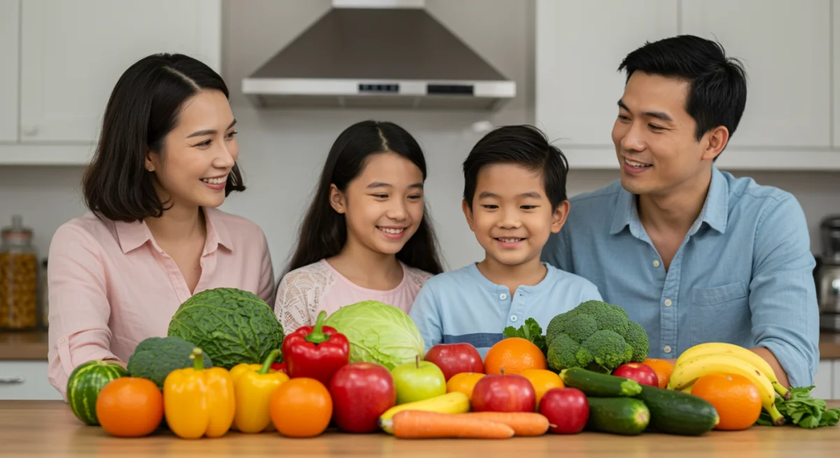 Family happily preparing healthy food in kitchen
