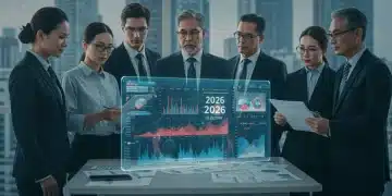 Investors analyzing post-election 2026 market trends on a holographic display.