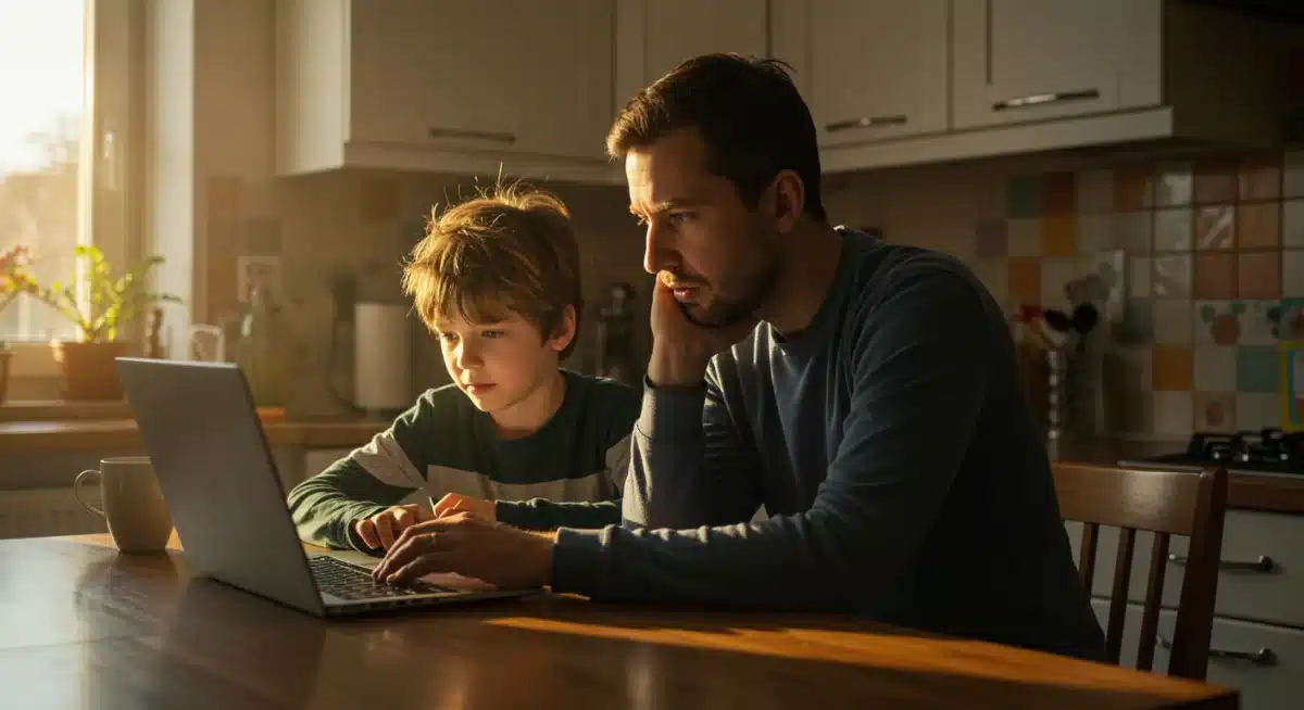 Parent and child reviewing online learning materials together