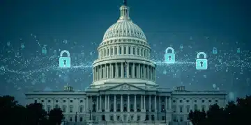 US Capitol building with digital data streams and padlock icons representing new privacy legislation debates in 2026