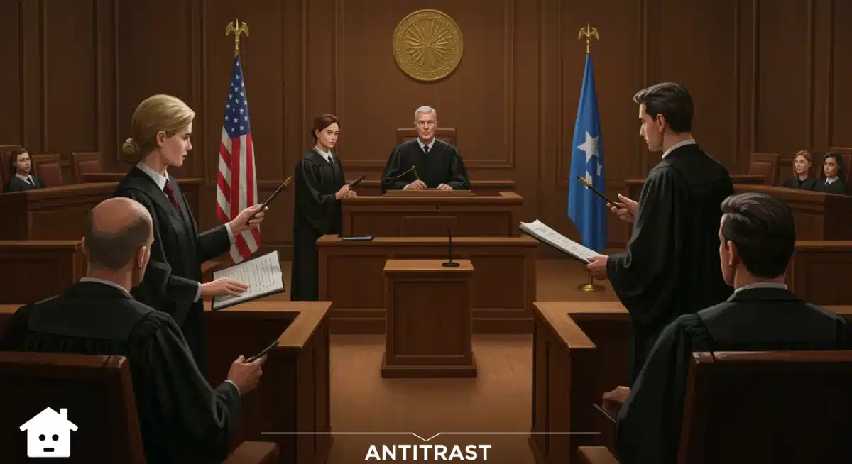 Legal proceedings in a courtroom, symbolizing antitrust litigation against major tech firms.