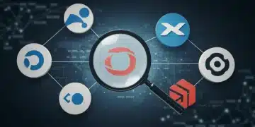 Federal investigators scrutinizing major tech company logos with a magnifying glass, symbolizing antitrust probes.