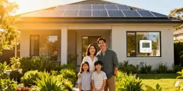 Modern energy-efficient home with solar panels and happy family