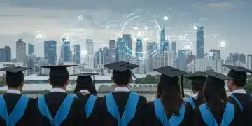Graduates looking at a futuristic city, symbolizing career opportunities in the 2026 job market.