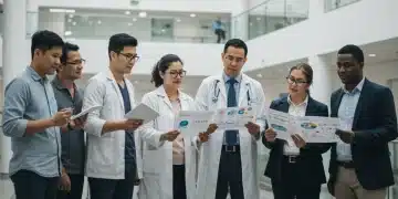 Diverse individuals discussing healthcare reform policies in a modern clinic setting with informative displays.