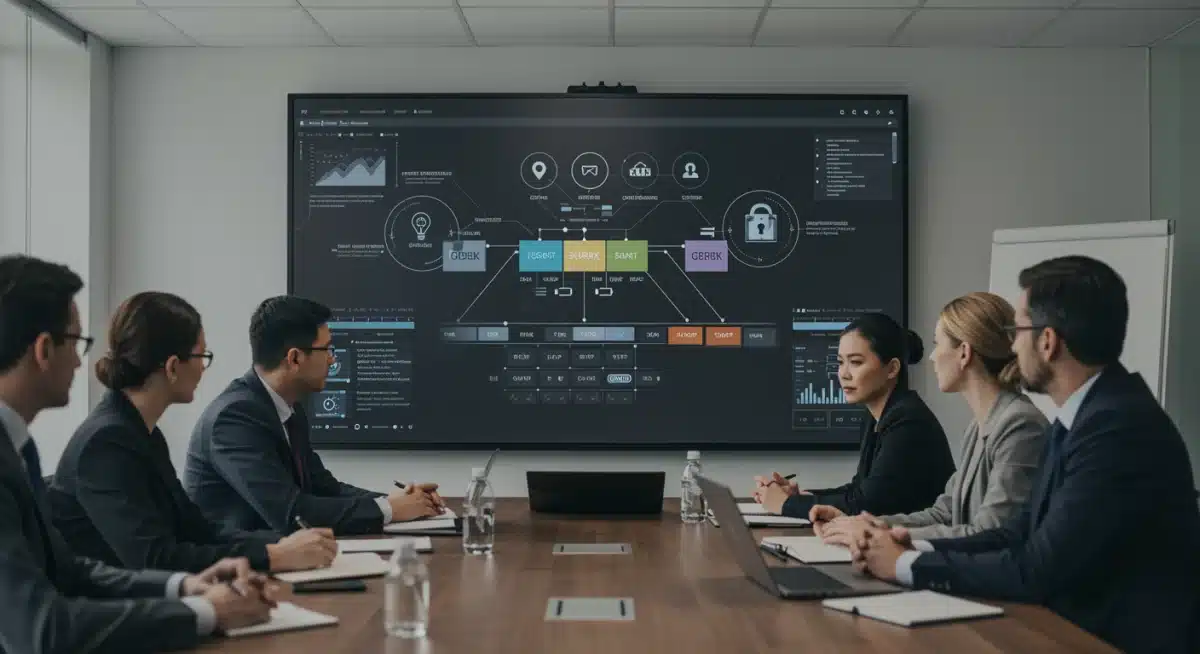 Business leaders discussing cybersecurity strategy and compliance frameworks.