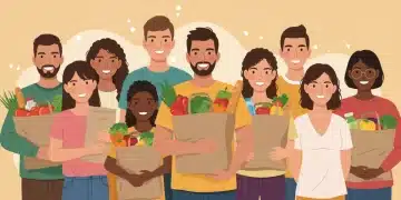 Diverse community members holding groceries, symbolizing food security and SNAP benefits.