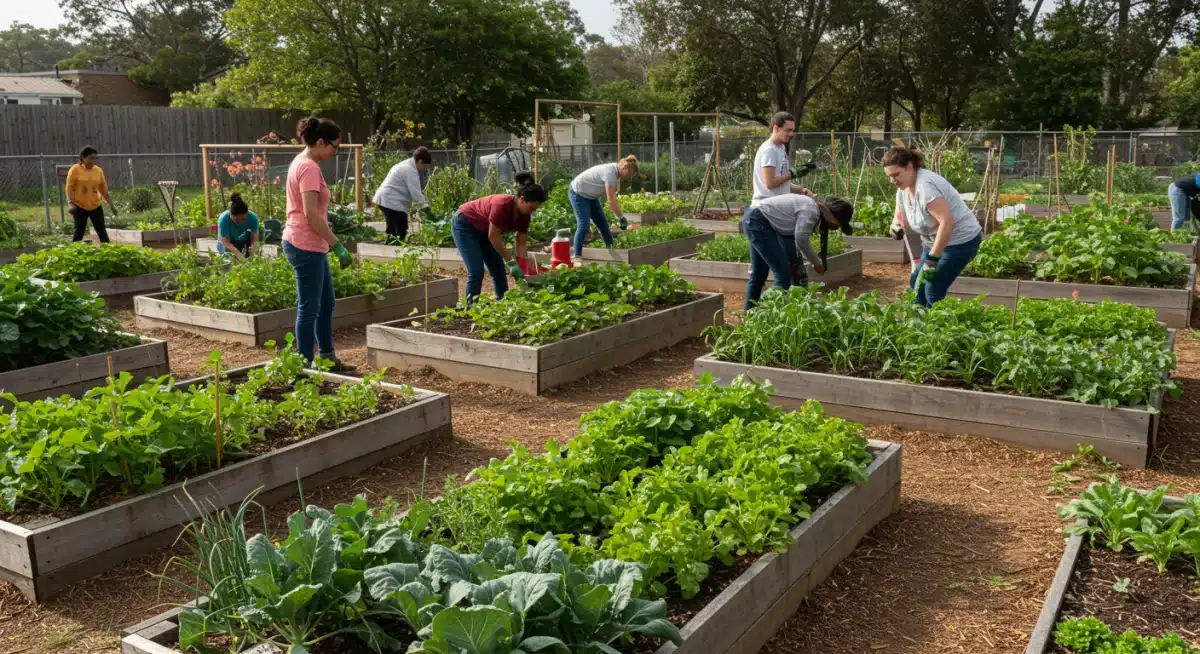 Community garden with diverse volunteers, symbolizing local food initiatives and sustainability.