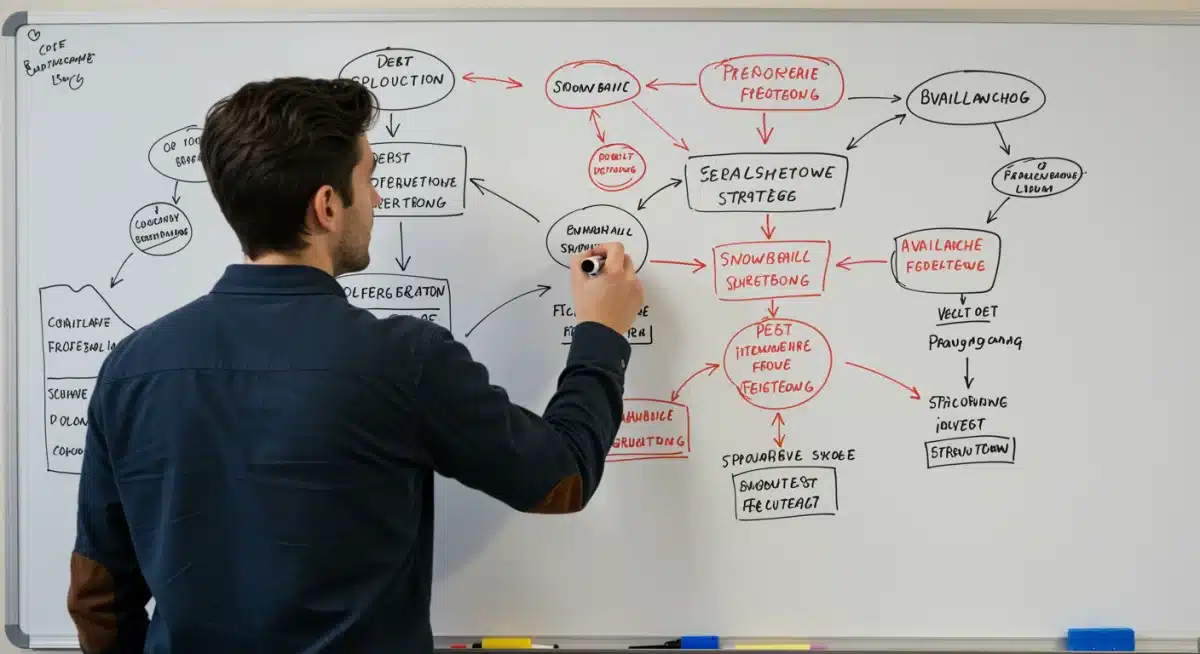 Person illustrating debt reduction strategies on a whiteboard, including snowball and avalanche methods.