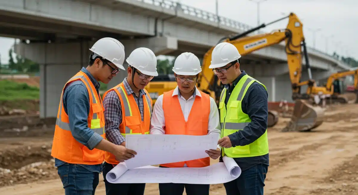 Construction workers reviewing blueprints at a bridge construction site.