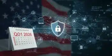 Shield protecting digital network, representing federal cybersecurity mandates for U.S. businesses in Q1 2026.