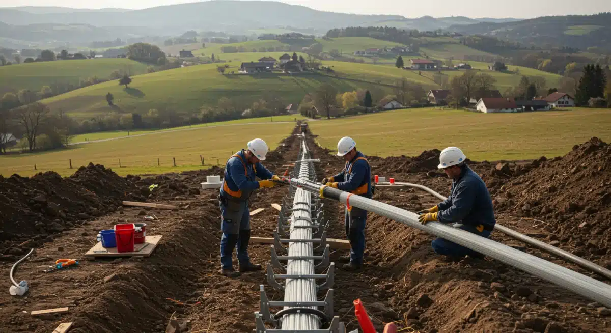 Technicians installing fiber optic cable in a rural landscape.
