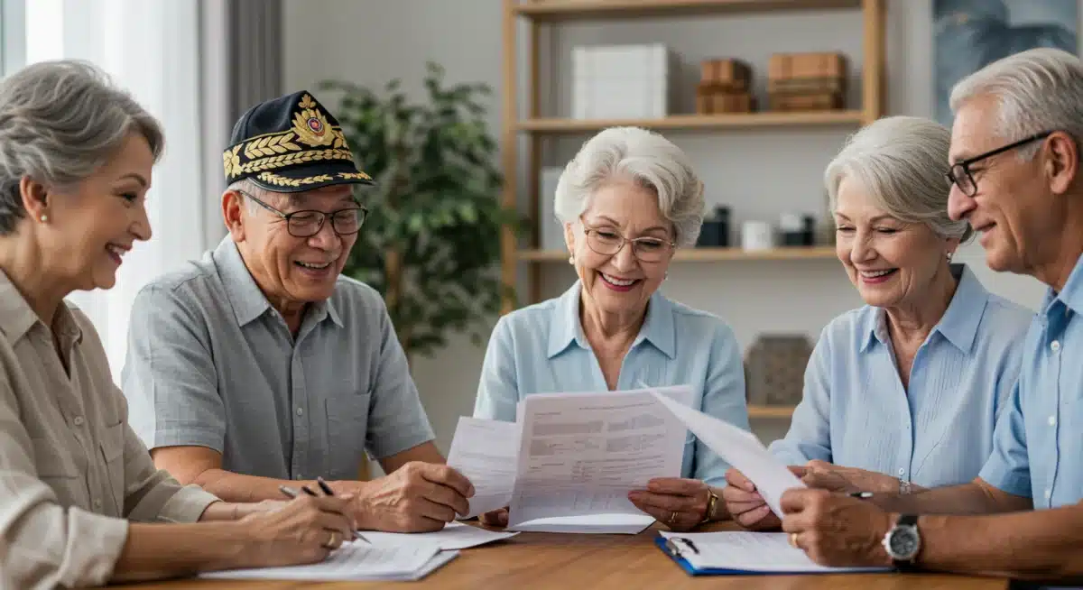 Seniors and veterans discussing their finances, reflecting on federal benefit changes and COLA.