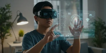 Focused student with AR glasses engaging with holographic educational content in 2026 home office