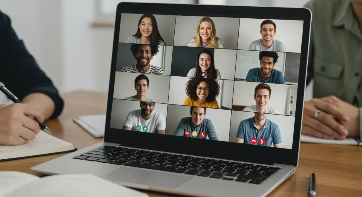 Diverse students actively engaging in a virtual classroom video conference call on a laptop