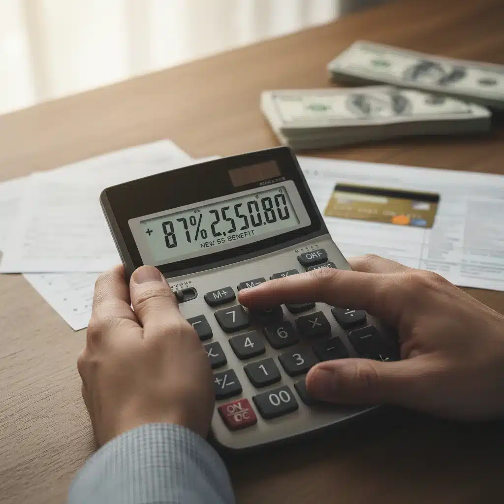 Hands using a calculator to determine increased Social Security benefit amounts.
