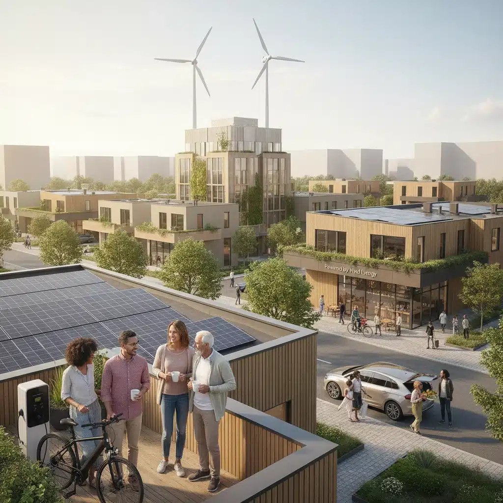Diverse community benefiting from renewable energy, showing homes with solar panels and electric vehicle charging.