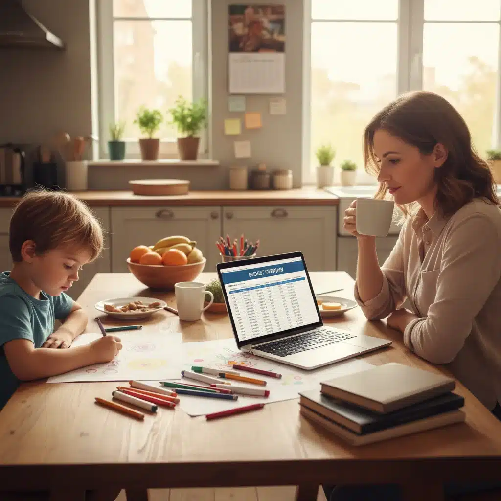 Parent and child at home, managing family budget and financial planning.