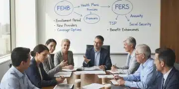 Group of federal employees analyzing 2026 benefits updates, including FEHB and FERS changes.