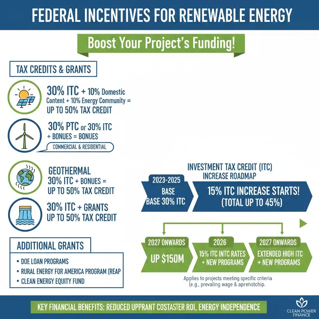 Infographic detailing federal tax credits and grants for renewable energy projects, highlighting the 2026 increase.