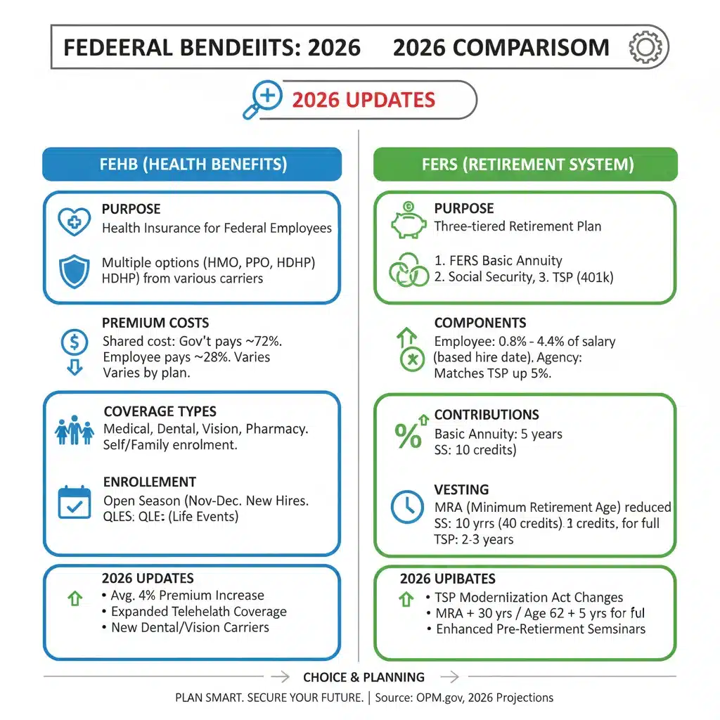 Infographic comparing FEHB and FERS key features and 2026 updates for federal employees.