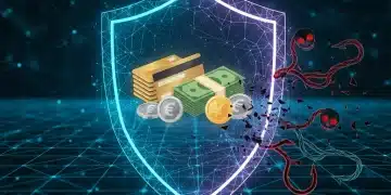 Digital shield protecting financial assets from cyber threats in a futuristic network environment, symbolizing financial cybersecurity in 2026.