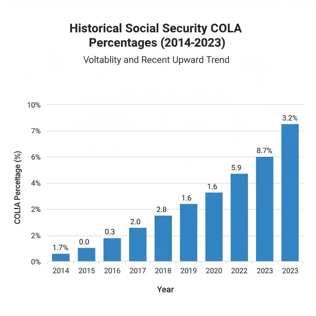 Bar chart illustrating historical Social Security COLA adjustments over the past ten years.