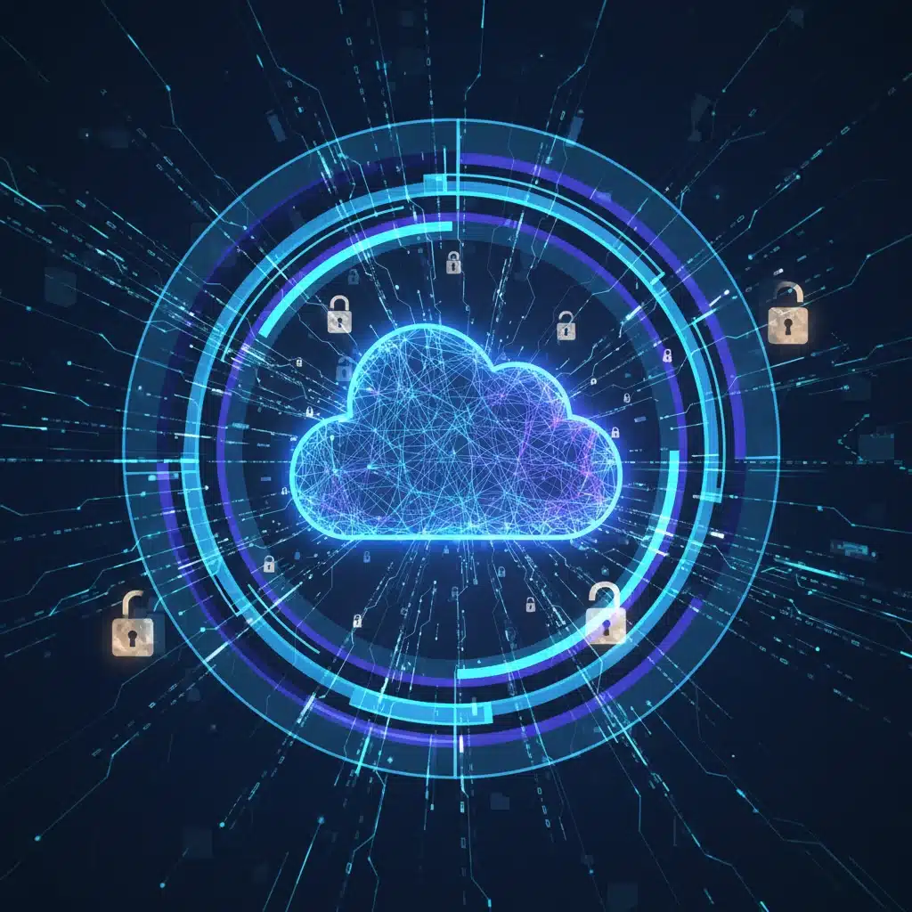Secure cloud storage system with encrypted data flowing into a protected cloud icon.