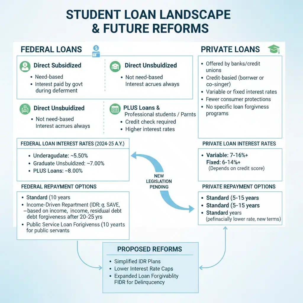 Infographic showing various student loan types and repayment plans