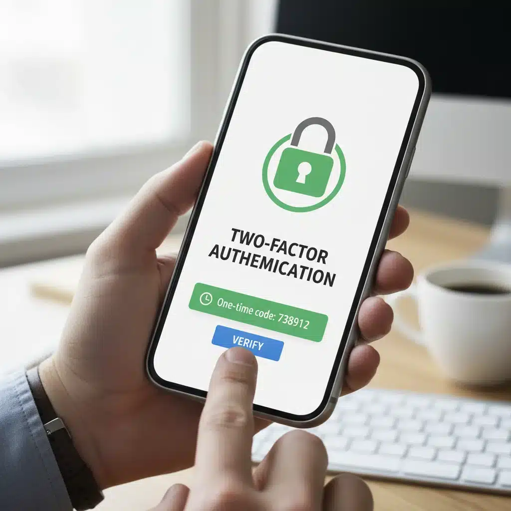 Person using a smartphone for two-factor authentication, showing a secure login process.