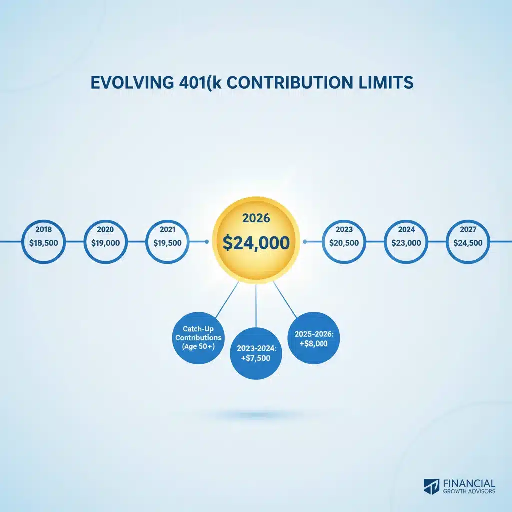 Historical 401(k) contribution limits and 2026 update with catch-up contributions