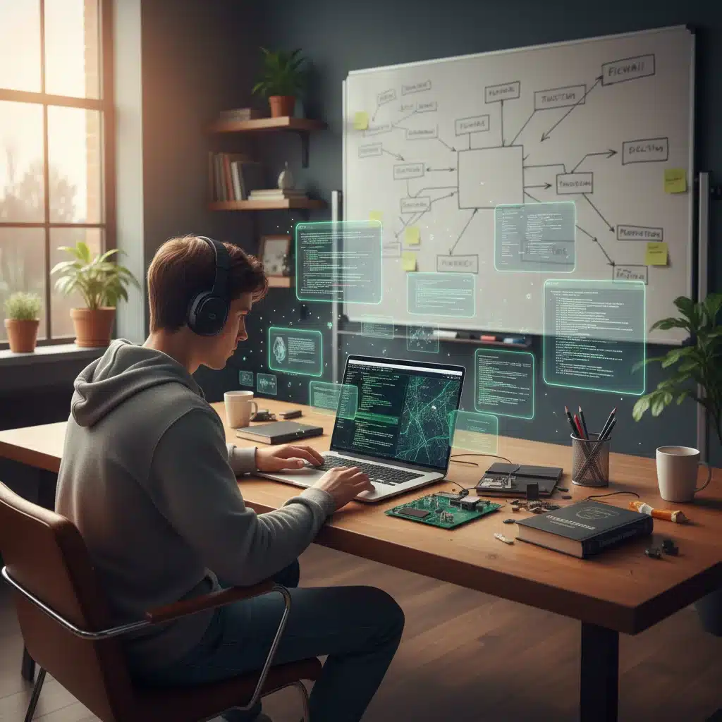 Young person focused on cybersecurity studies on a laptop, surrounded by technical diagrams.