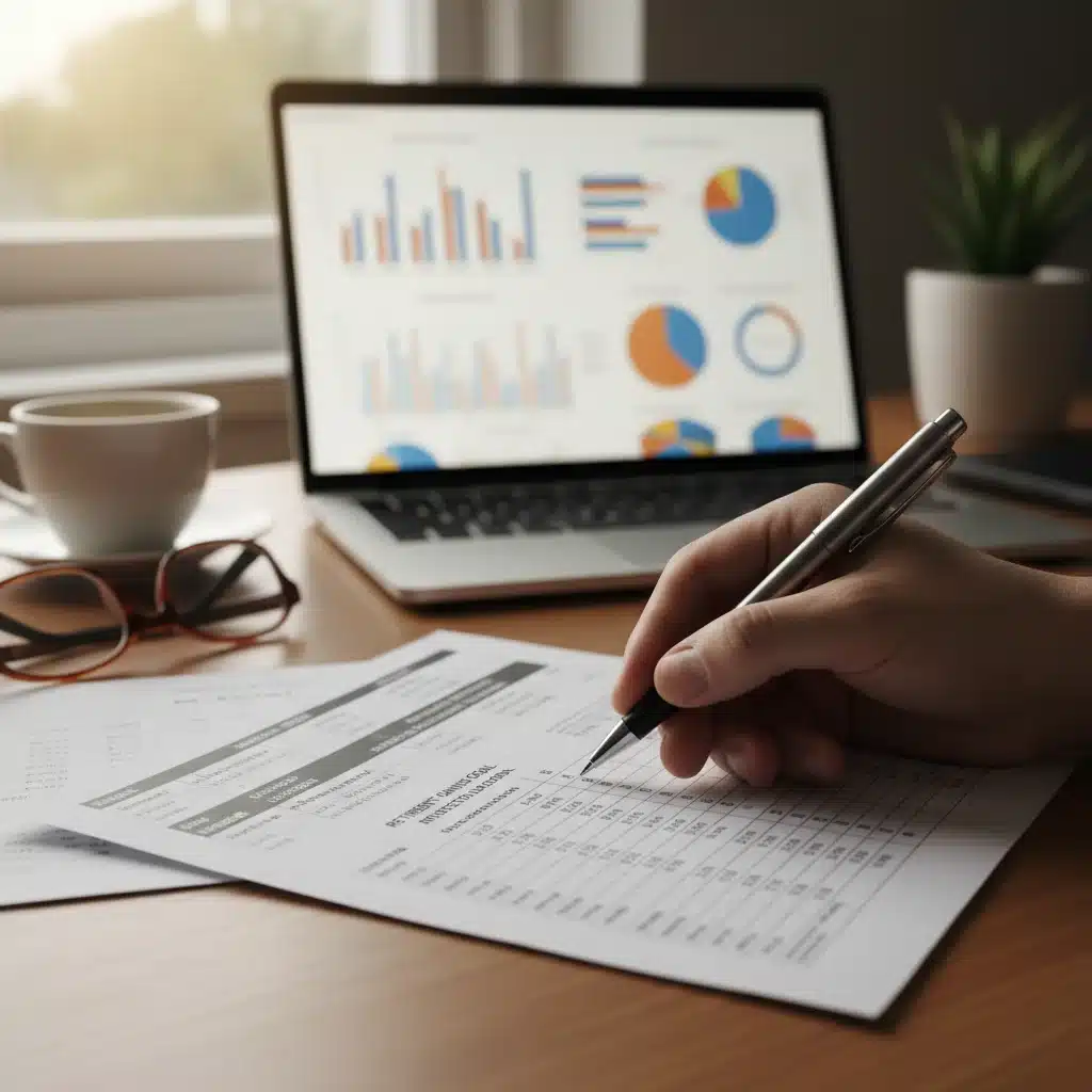Hand writing on a financial planning document with laptop showing charts.